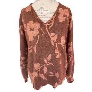 LOFT Brown Floral Knit Sweater | Women’s XL | V-Neck Long Sleeve